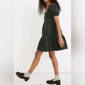 Madewell Aidy Green Tiered Puff Sleeve Corduroy Dress